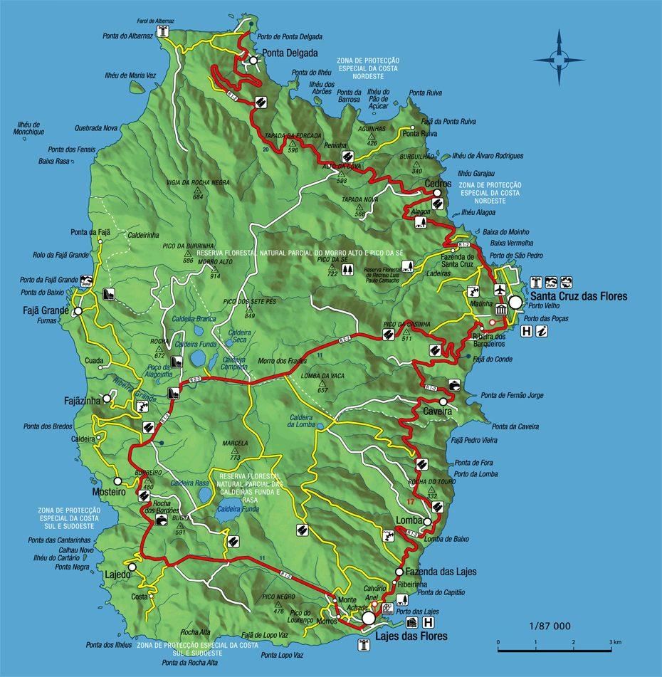 Mapa de la isla de Flores en las Azores