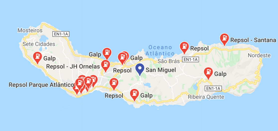 Mapa de gasolineras en la isla de São Miguel - Azores